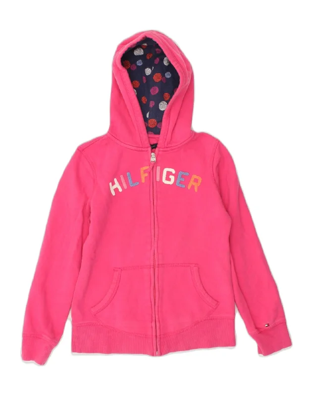 TOMMY HILFIGER Girls Graphic Zip Hoodie Sweater 12-13 Years Large Pink