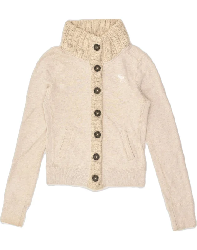 ABERCROMBIE & FITCH Womens Cardigan Sweater UK 10 Small Beige Cotton Terry Terry Cloth Terry Knit