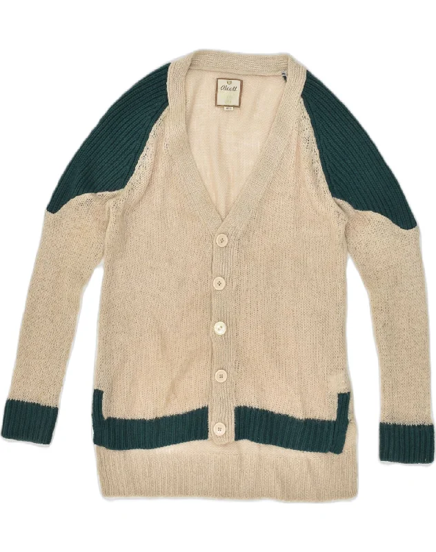 ALCOTT Womens Cardigan Sweater UK 10 Small Beige Colourblock Acrylic Collared Crew Neck Turtle Neck