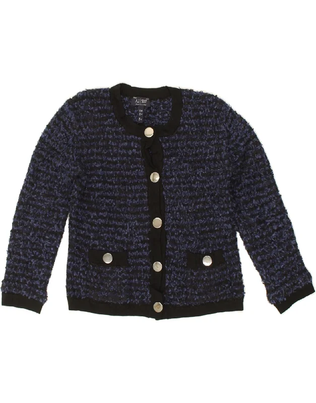 ARMANI Womens Slim Fit Cardigan Sweater EU 42 Large Navy Blue Striped Wool Fabric Cashmere Fabric Tweed Fabric