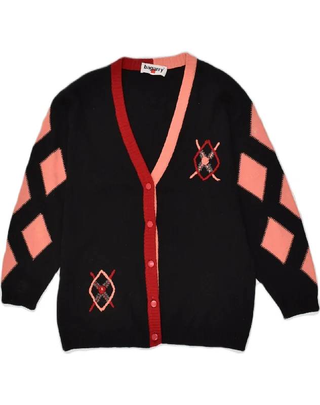 BAGARRY Womens Cardigan Sweater UK 16 Large Black Argyle/Diamond Toggled Drawstring Belted