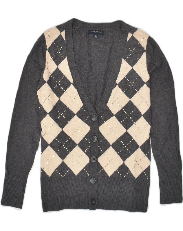 BANANA REPUBLIC Womens Cardigan Sweater UK 6 XS Grey Argyle/Diamond Cotton Satin Fabric Silk Fabric Chiffon Fabric