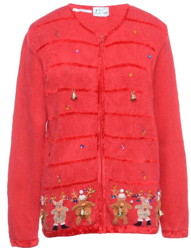 Beyond Retro Reworked Christmas Cardigan With Bells - M Thin Thick Dense