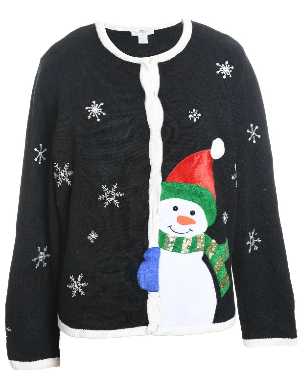 Black Appliqued Snowman Design Christmas Cardigan  - L Open Front Closed Front Wrap Front