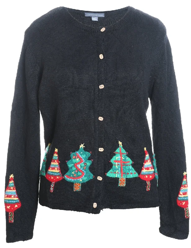Black Christmas Tree Design Cardigan - L Terry Blend Velvet Blend Canvas Blend