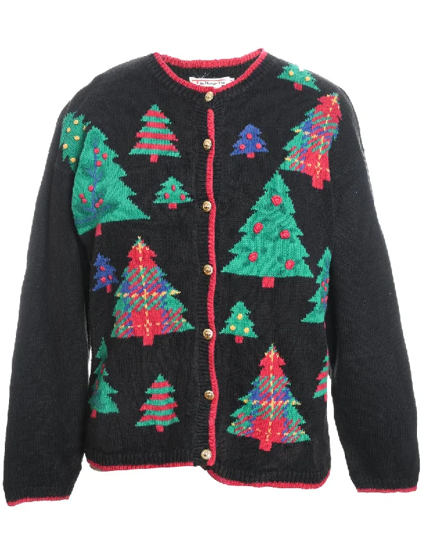 Black Christmas Tree Design Cardigan  - S Spandex Blend Rayon Blend Denim Blend