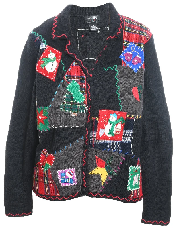 Black Embroidered Button-Front Christmas Cardigan  - M Nylon Fabric Polyester Fabric Spandex Fabric