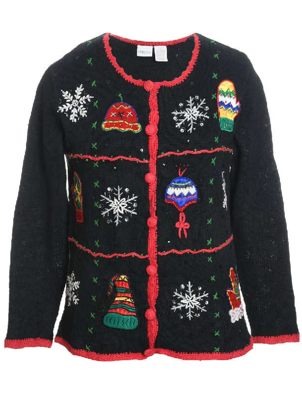 Black Embroidered Button-Front Christmas Cardigan  - S Rayon Fabric Velvet Fabric Corduroy Fabric