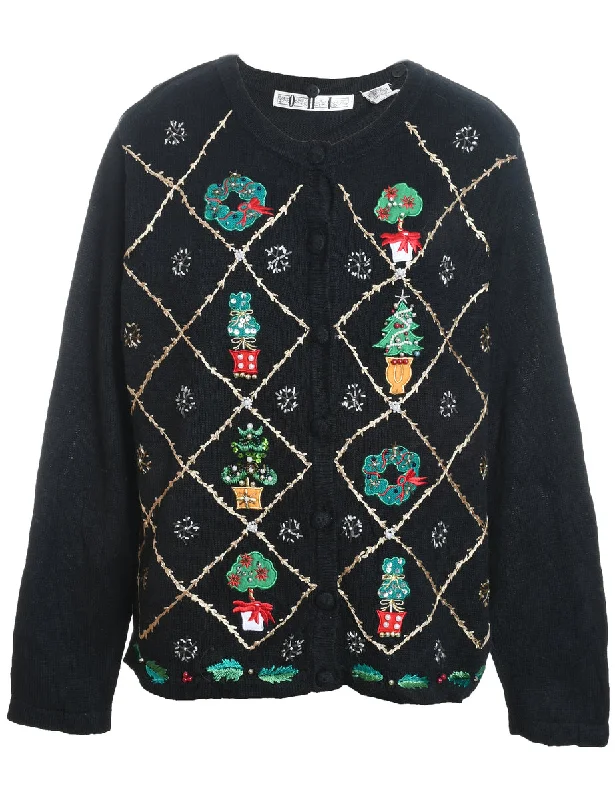Black Embroidered Christmas Cardigan  - L Mesh Fabric Canvas Fabric Denim Fabric