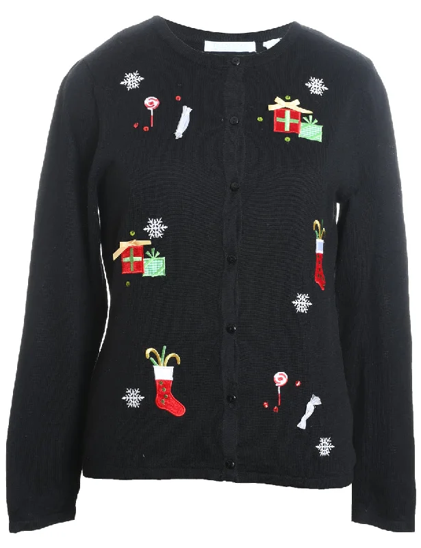 Black Embroidered Christmas Present Design Cardigan - M Wool Cardigan Cotton Cardigan Cashmere Cardigan