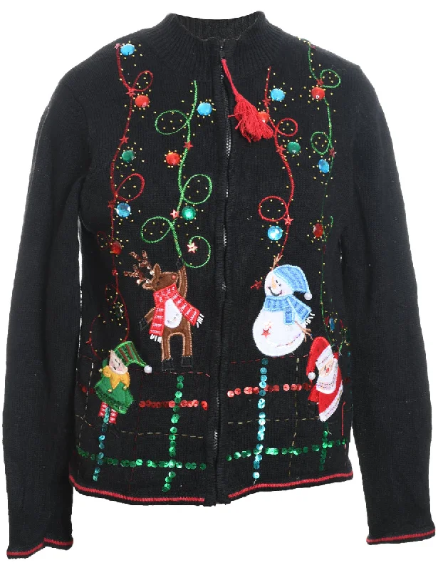 Black Embroidered Zip-Front Sequined Christmas Cardigan  - L Hooded Cardigan Collared Cardigan Shawl Collar