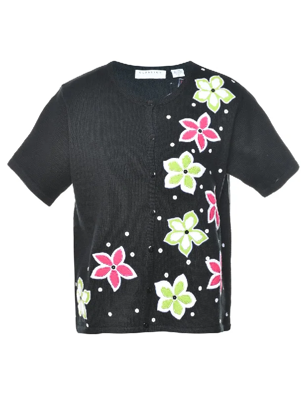 Black Floral Cardigan - S Solid Color Striped Floral Print