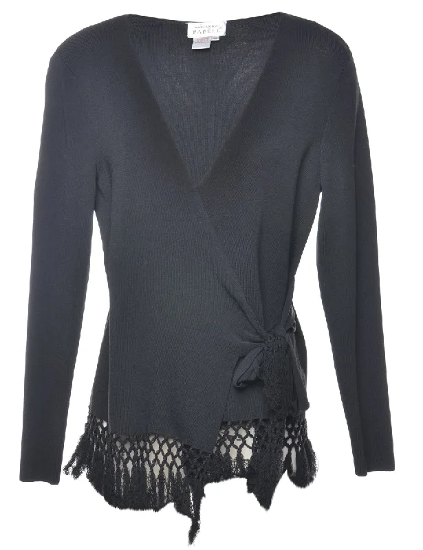 Black Fringing Cardigan - M Asymmetrical,ymmetric Pencil Cardigan