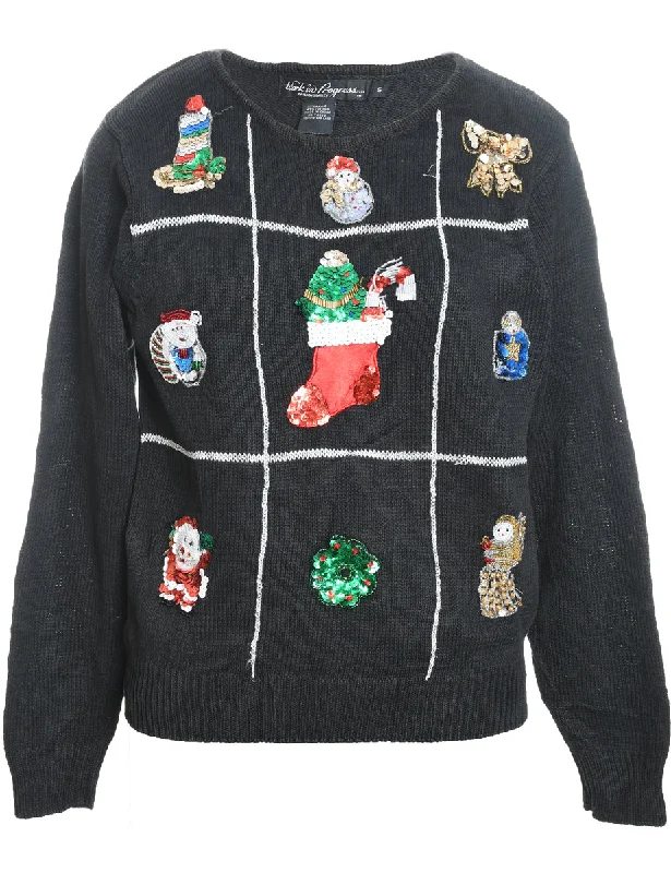 Black Knit Sequined Christmas Cardigan  - S Handmade Hand-knitted Hand-woven