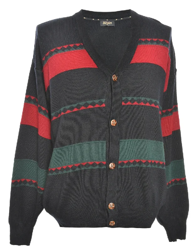 Black Long Sleeved Cardigan - M Herringbone Houndstooth Plaid