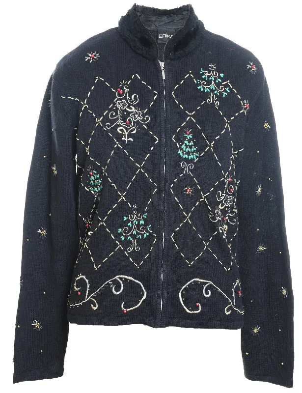 Black Zip-Front Embroidered Christmas Cardigan  - M Cable Knit Ribbed Knit Lace Knit