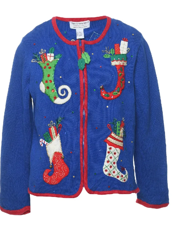 Blue Christmas Cardigan - L Silk Blend Satin Velvet