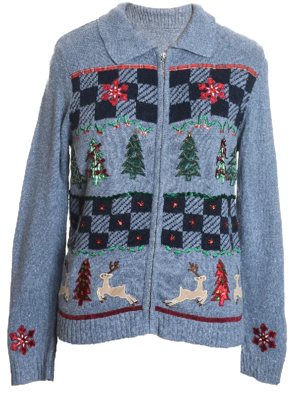 Blue Christmas Cardigan - M Chenille Brocade Lace