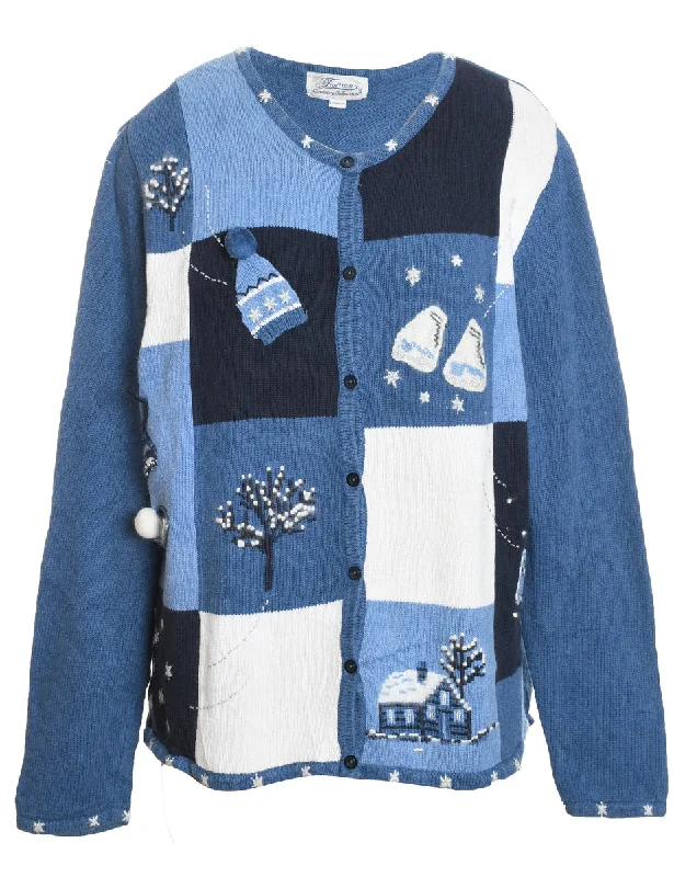 Blue Festive Design Christmas Cardigan  - L Seamless Knitted Crochet