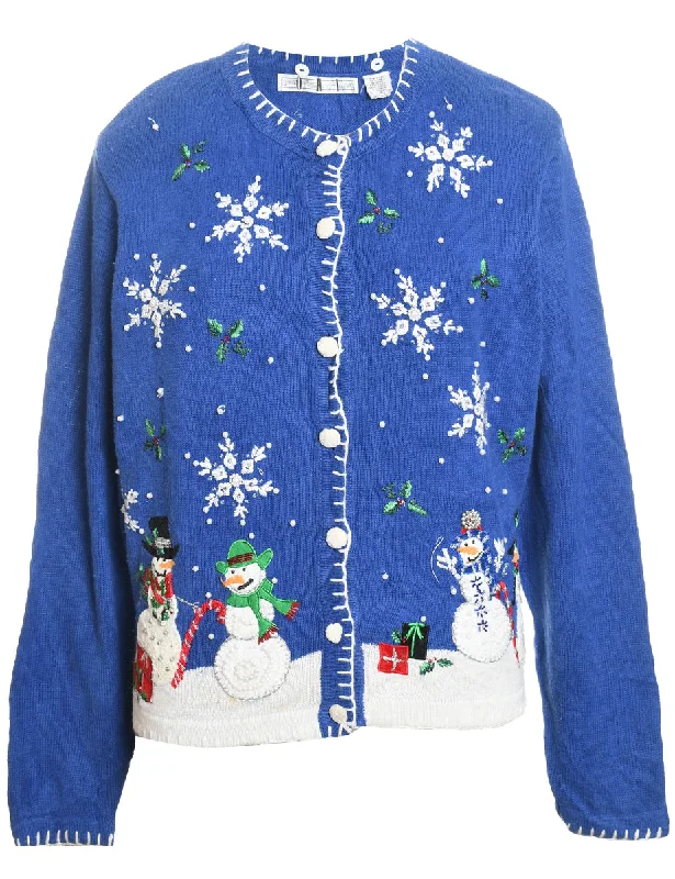 Blue & White Embroidered Snowman Christmas Cardigan  - L Patchwork Embroidered Appliqued