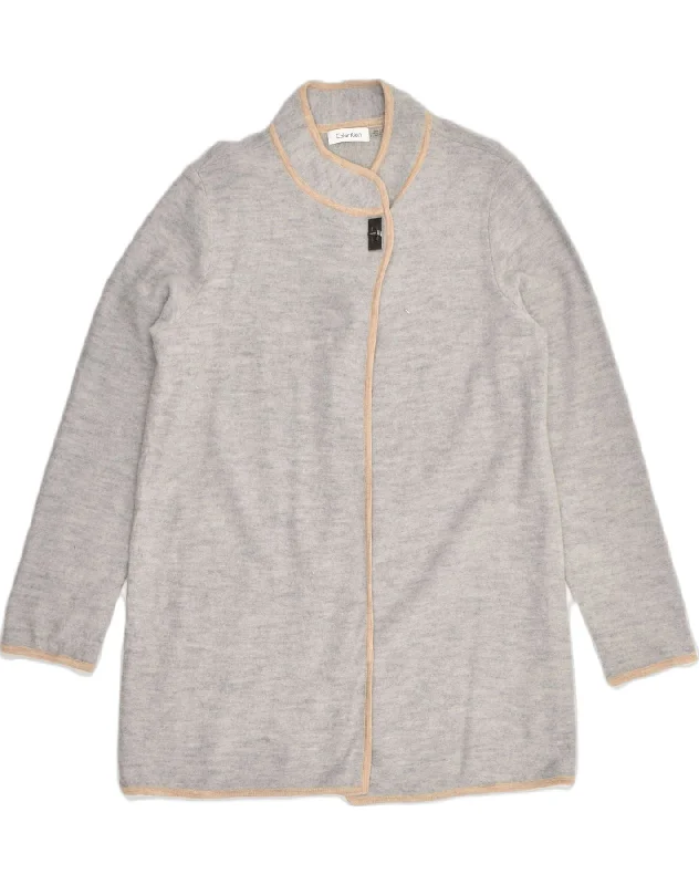 CALVIN KLEIN Womens Longline Cardigan Sweater UK 16 Large Grey Wool Hooded Caped Shawl Collar