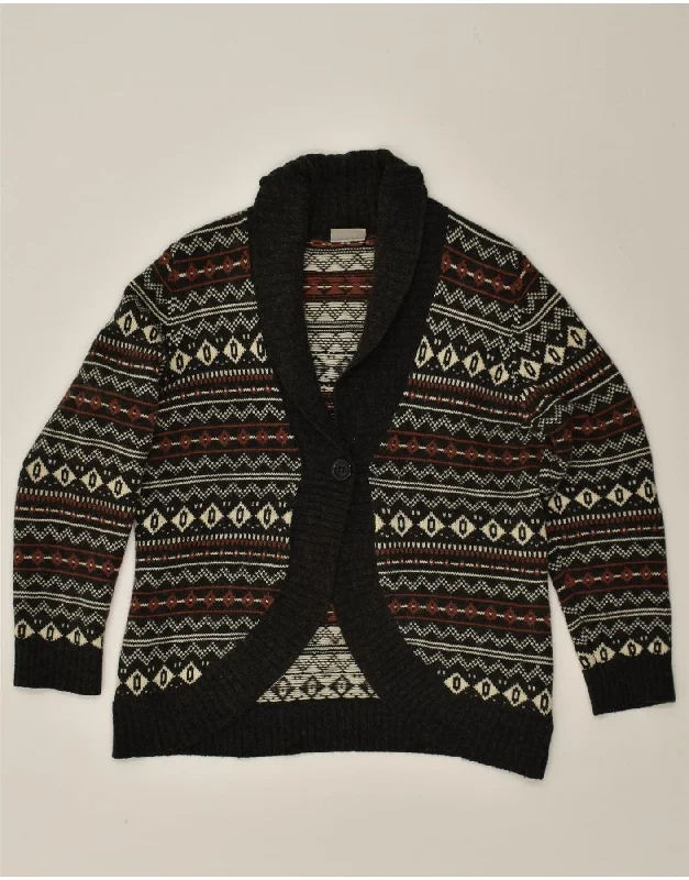 CANDA Womens Cardigan Sweater Large Grey Fair Isle Acrylic Fitted Loose Oversized