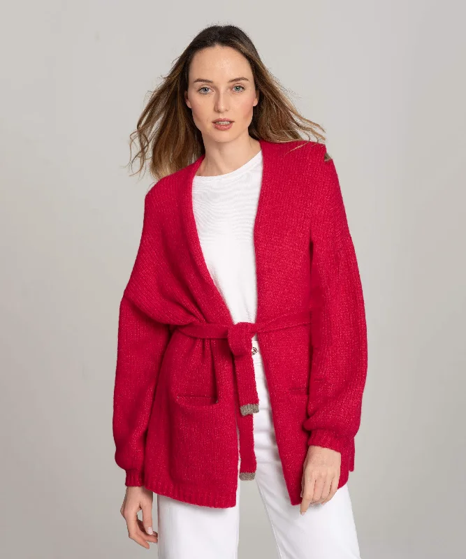 Cardigan rojo con cinturón Toggled Drawstring Belted