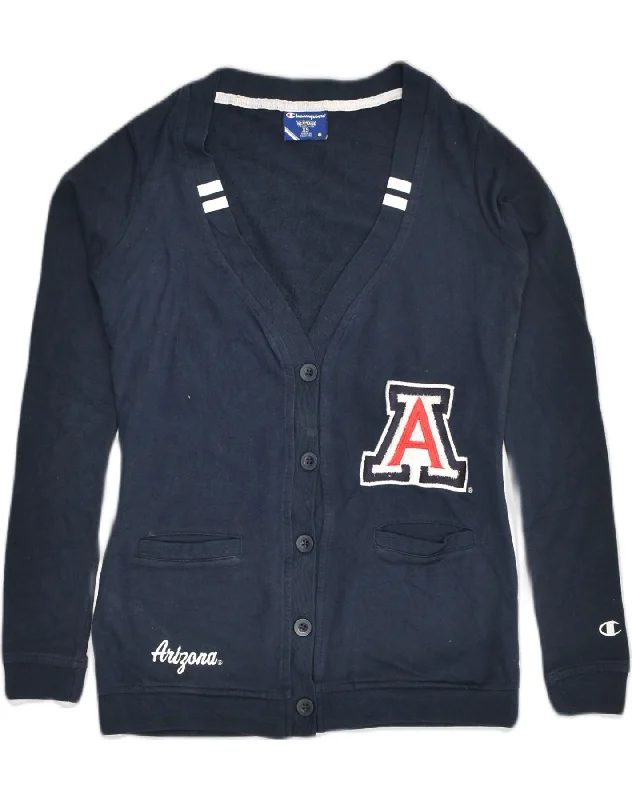 CHAMPION Womens Cardigan Sweater UK 6 XS Navy Blue Cotton Real Fur Shearling Chenille