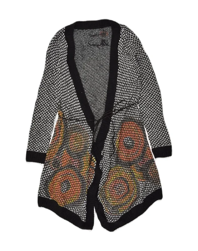 DESIGUAL Womens Longline Wrap Cardigan Sweater UK 10 Small Black Check Hooded Caped Shawl Collar
