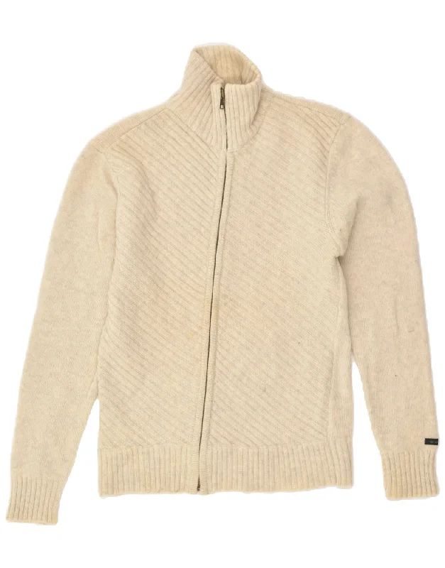 DOCKERS Womens Cardigan Sweater UK 14 Medium Beige Wool Boat Neck Shawl Collar Notched Collar