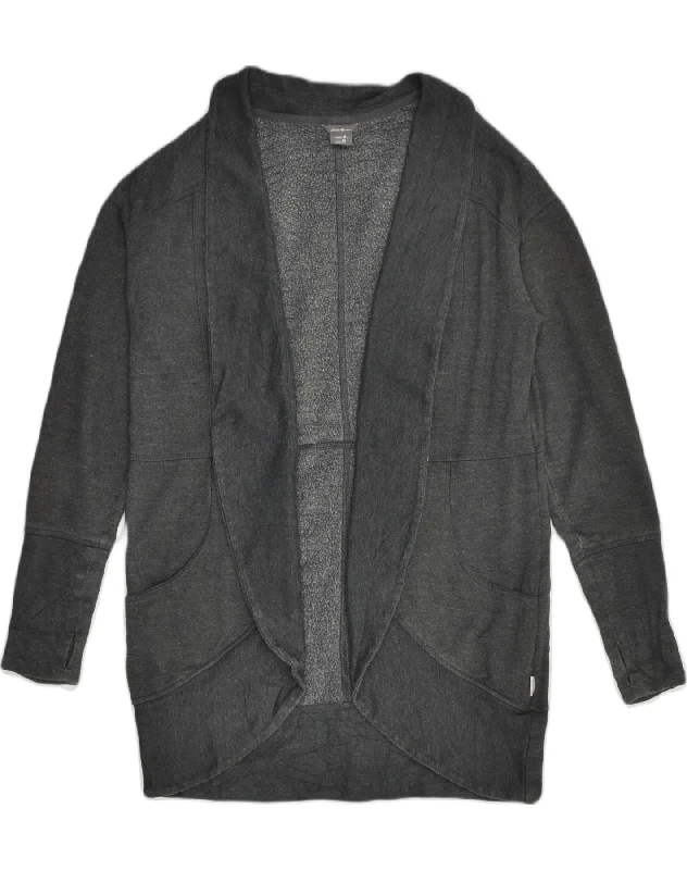 EDDIE BAUER Womens Cardigan Sweater UK14 Medium Grey Cotton Mesh Blend Leather Blend Suede Blend