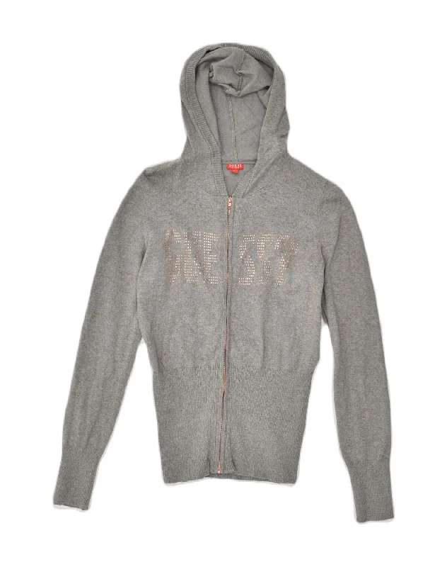 GUESS Womens Graphic Hooded Cardigan Sweater UK 12 Medium Grey Cotton Casual Formal Business