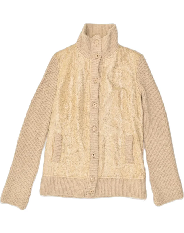 ICEBERG Womens Cardigan Sweater IT 46 Large Beige Mesh Blend Leather Blend Suede Blend