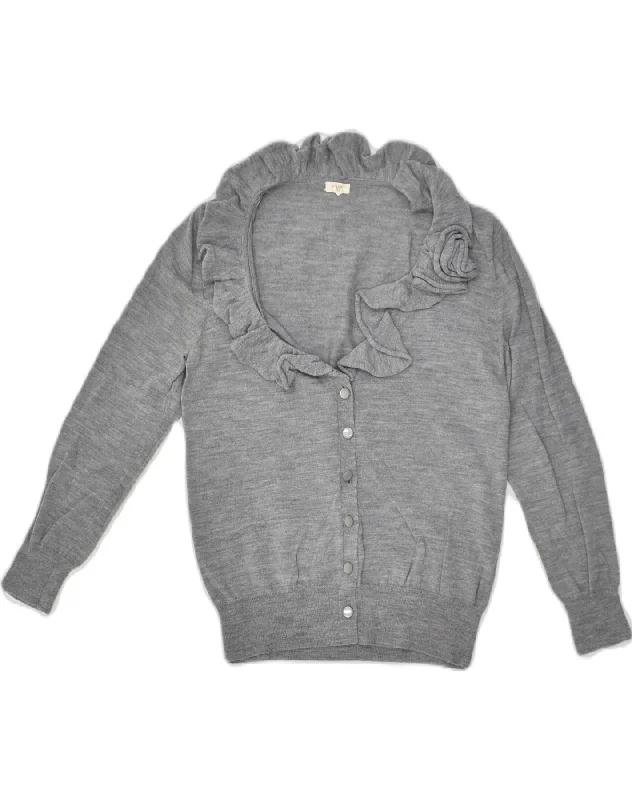 J. CREW Womens Ruffle Cardigan Sweater UK 10 Small Grey Wool Transparent Opaque Sheer