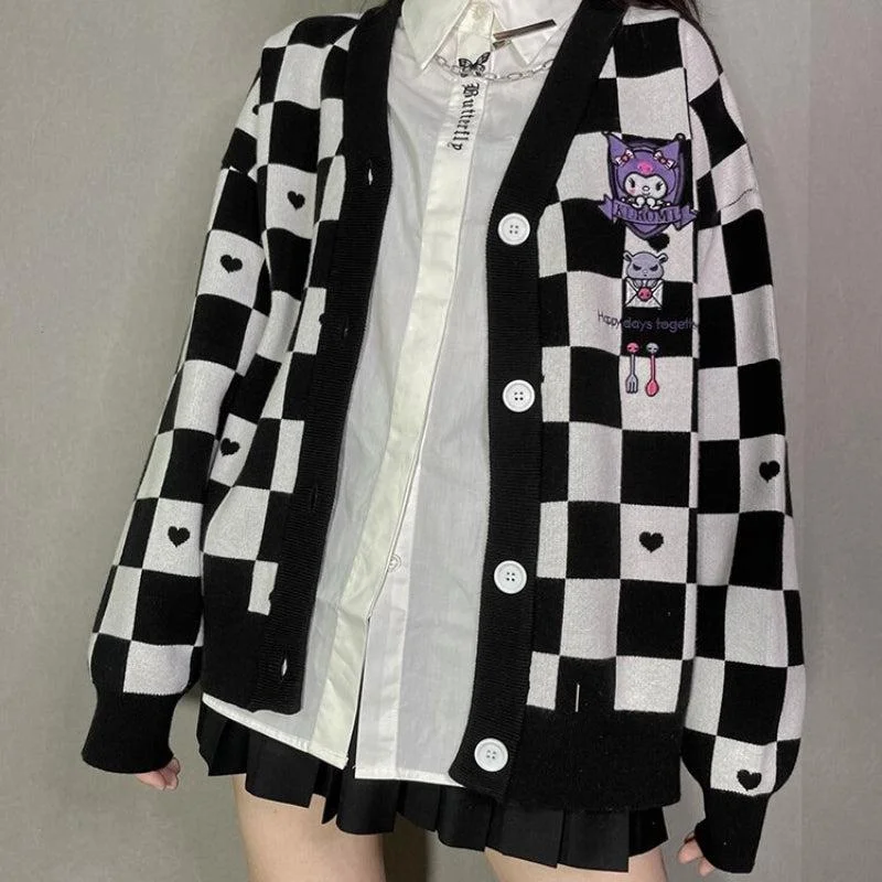 Kuromi Buttoned Black Cardigan Glossy Satin Silk
