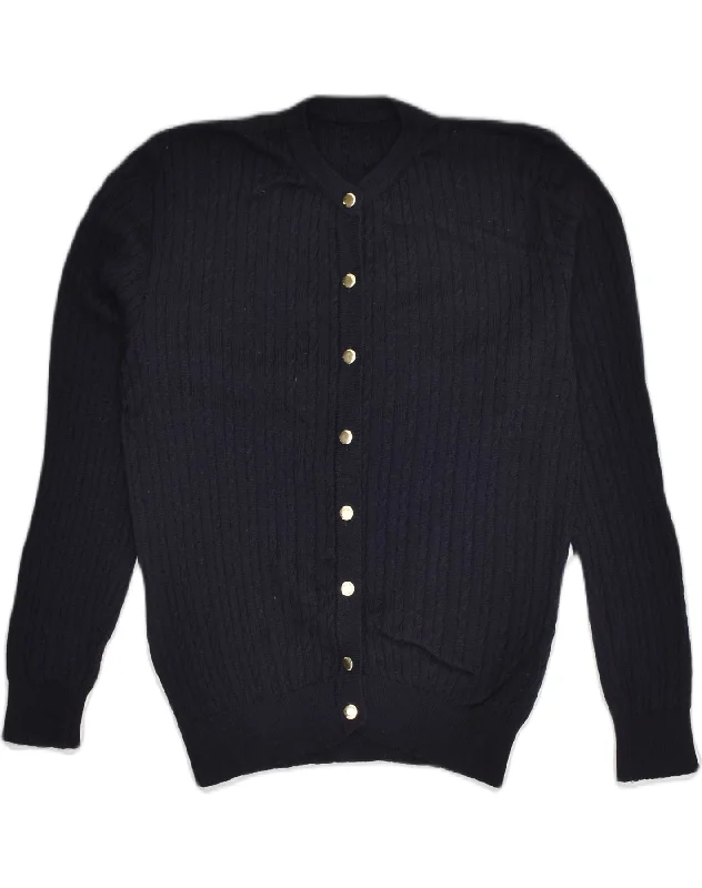 LUIGI BOTTO Womens Cardigan Sweater UK 10 Small Navy Blue Wool Patchwork Embroidered Appliqued