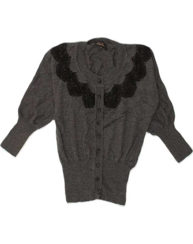 LUISA SPAGNOLI Womens Cardigan Sweater UK 10 Small Grey Wool Beaded Cardigan Sequined Faux Fur