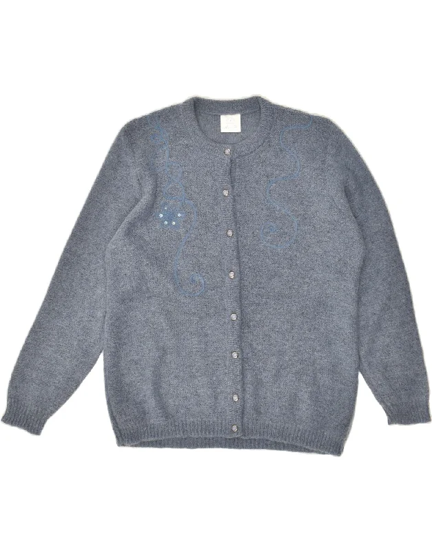 MAGLIERIA Womens Cardigan Sweater UK 16 Large Grey Floral Embroidered Appliqued Beaded