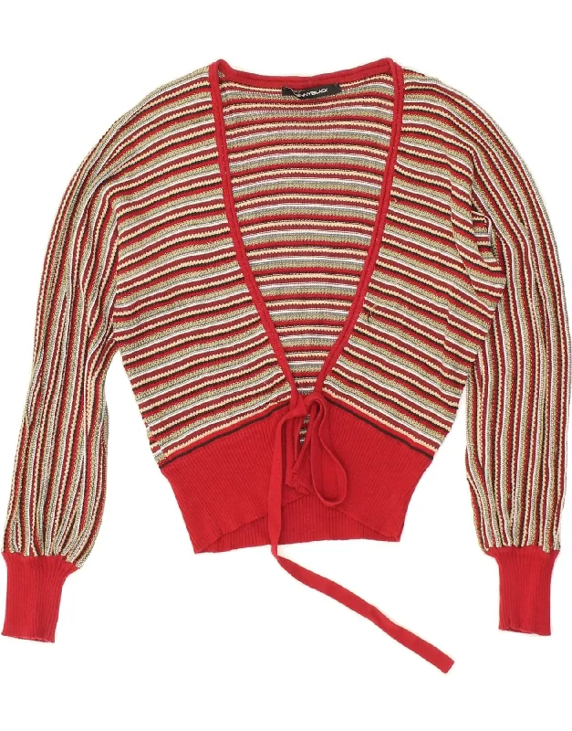 PENNY BLACK Womens Cardigan Sweater UK 12 Medium Red Striped Viscose Satin Fabric Silk Fabric Chiffon Fabric
