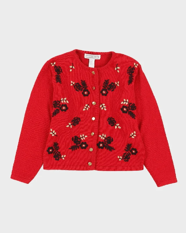 Red Embroidered Knitted Cardigan - S Boat Neck Shawl Collar Notched Collar