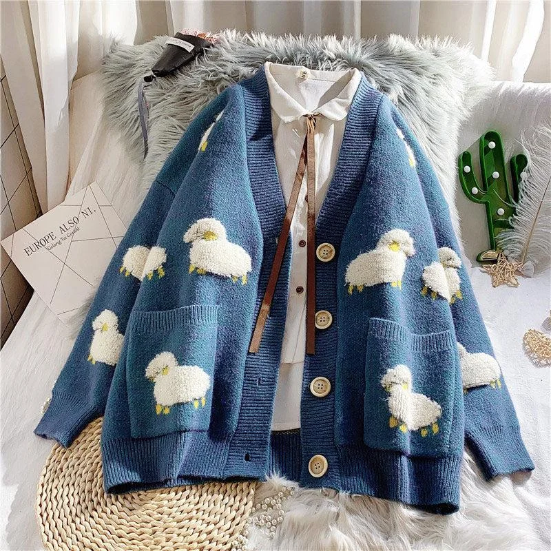 Sheep Embroidery Knitted Cardigan Satin Blend Silk Blend Wool Blend