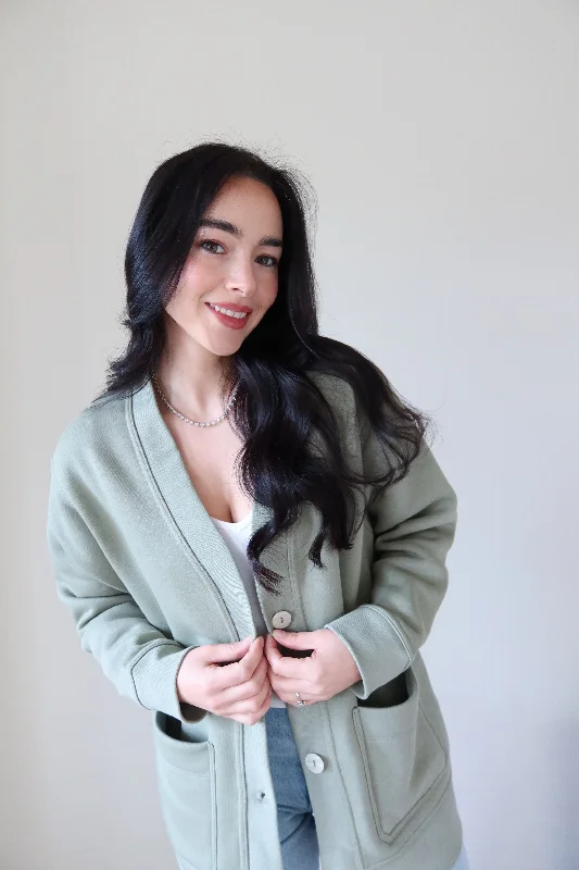 "The Marian" - Boyfriend Fit Cardigan (Pistachio) Houndstooth Herringbone Solid