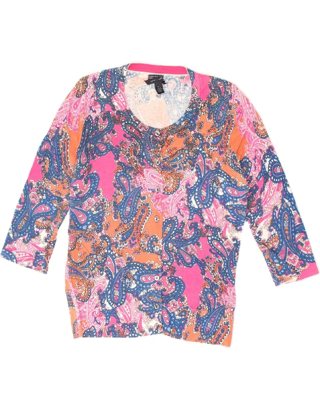 TOMMY HILFIGER Womens 3/4 Sleeve Cardigan Sweater UK 10 Small Pink Paisley Denim Fabric Leather Fabric Suede Fabric