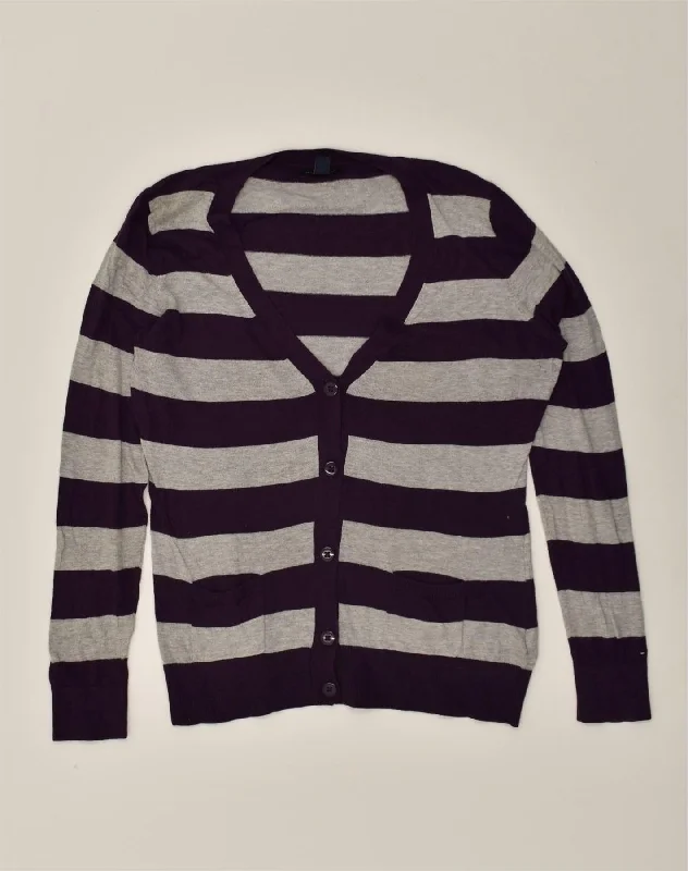 TOMMY HILFIGER Womens Cardigan Sweater UK 14 Medium Grey Striped Cotton Velvet Chenille Corduroy