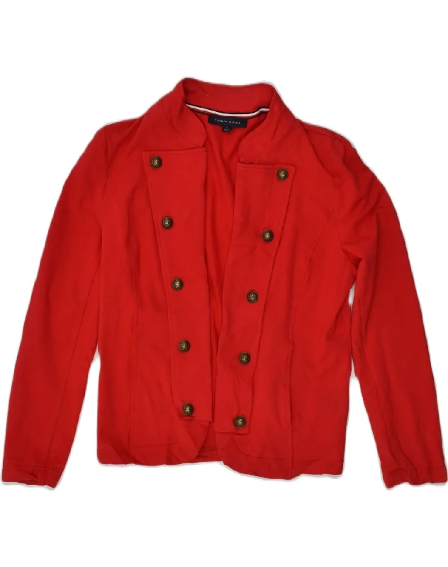 TOMMY HILFIGER Womens Cardigan Sweater UK 14 Medium Red Cotton Front Pockets Side Pockets Patch Pockets
