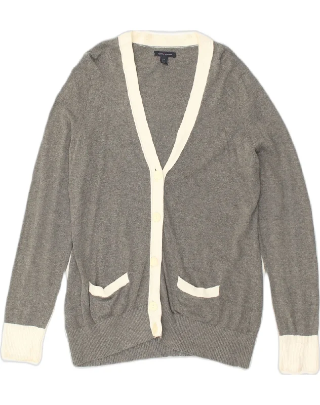 TOMMY HILFIGER Womens Cardigan Sweater UK 16 Large Grey Cotton Lace Blend Ribbed Blend Corduroy Blend