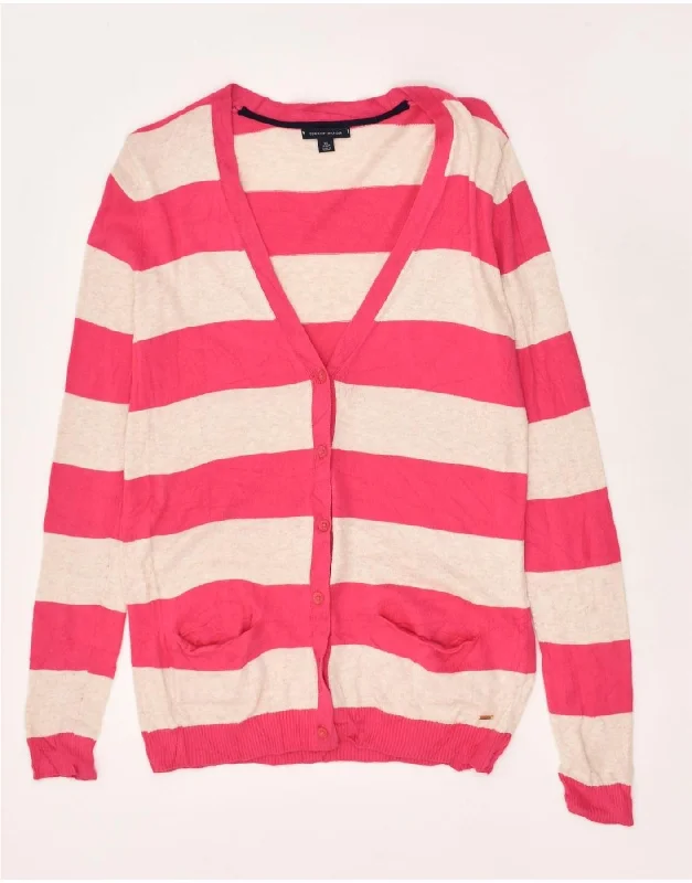 TOMMY HILFIGER Womens Cardigan Sweater UK 6 XS Pink Striped Cotton Collared Crew Neck Turtle Neck
