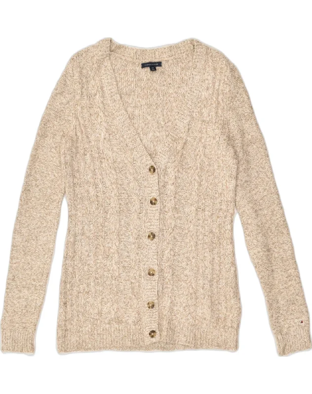 TOMMY HILFIGER Womens Cardigan Sweater UK 8 Small Brown Flecked Welt Pockets Slit Pockets Flap Pockets