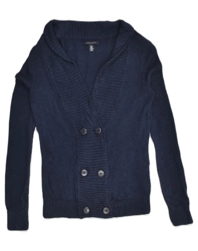 TOMMY HILFIGER Womens Double Breasted Cardigan Sweater UK 6 XS Navy Blue Striped Floral Plaid