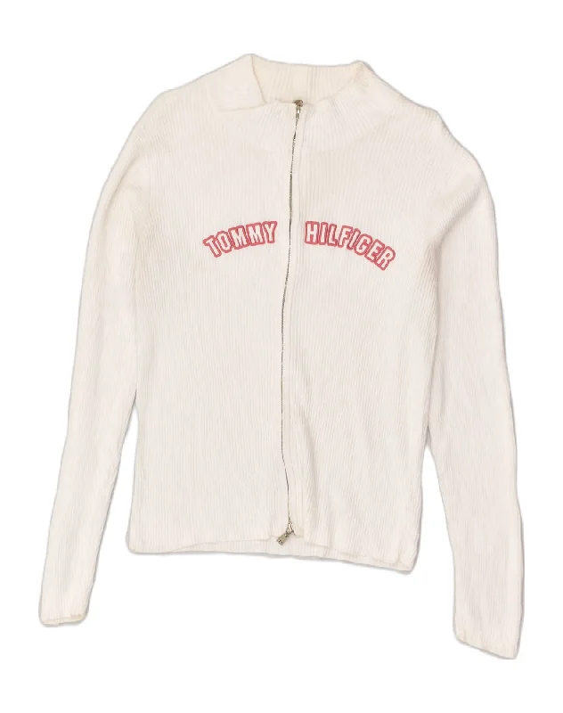 TOMMY HILFIGER Womens Graphic Cardigan Sweater UK 12 Medium White Striped Floral Plaid